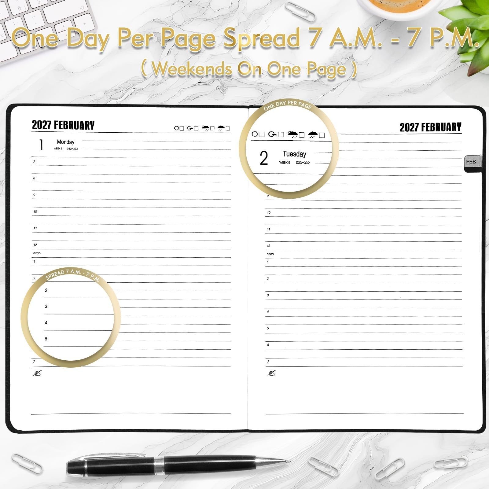 Large Daily Planner 2026-2027, Full Page Per Day, Hourly Schedule, 8.5″x11″, Aca