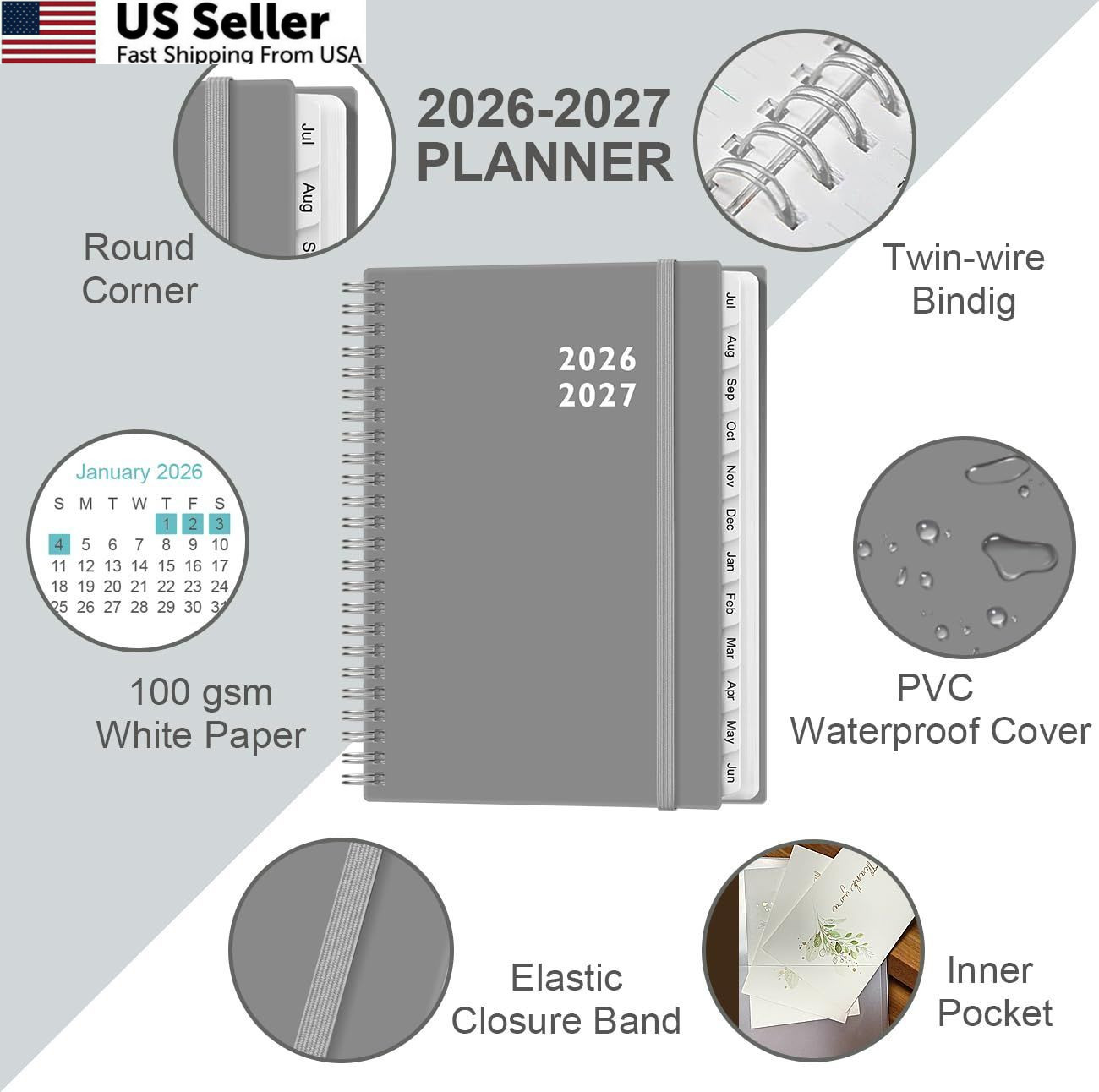 2026-2027 Planner – Weekly and Monthly Calendar 6.4″ x 8.5″, Grey-C