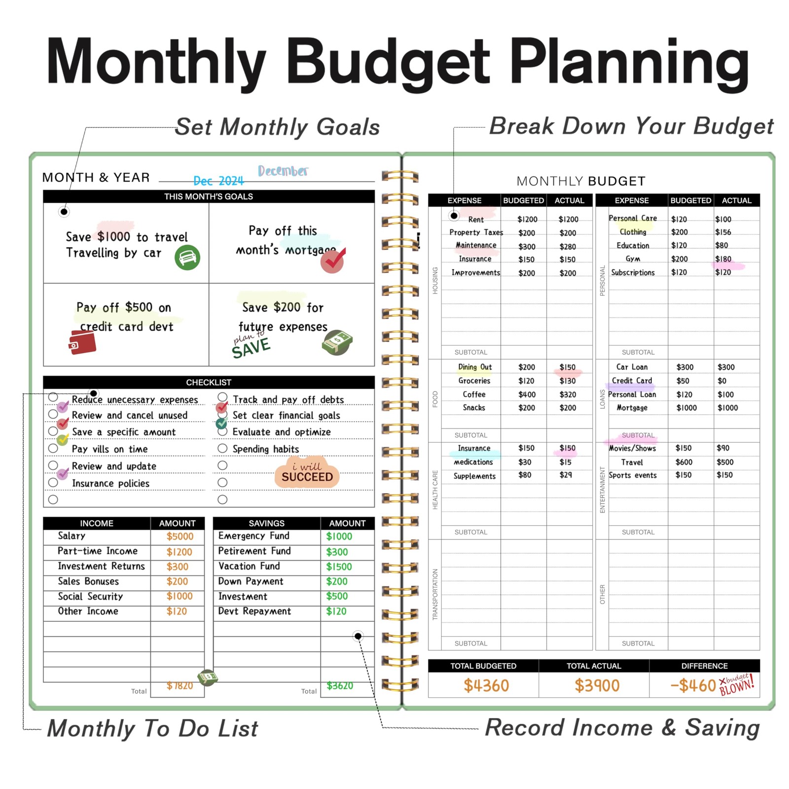 Budget Planner – Monthly Book Undated with 5.5 x 8.5 inches, Green