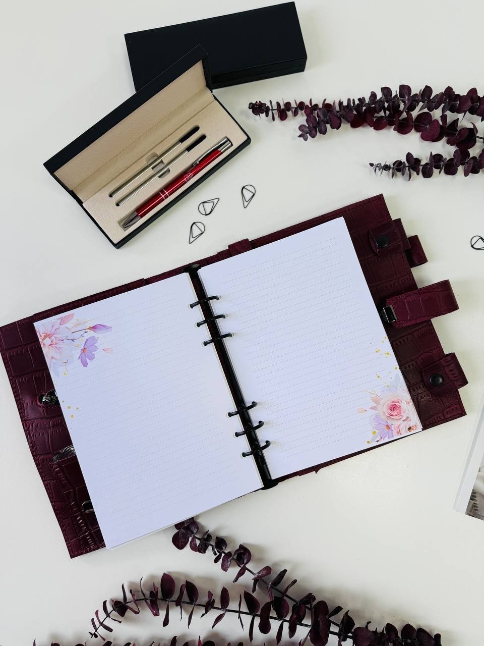 Burgundy Leather notebook cover A5 model 3in1 organizer.Lather planner binder.