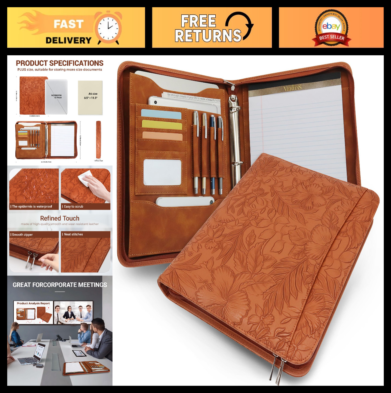 Executive Padfolio Organizer with 3 Ring Binder, Fits 13.9″ Laptop, Refillable W
