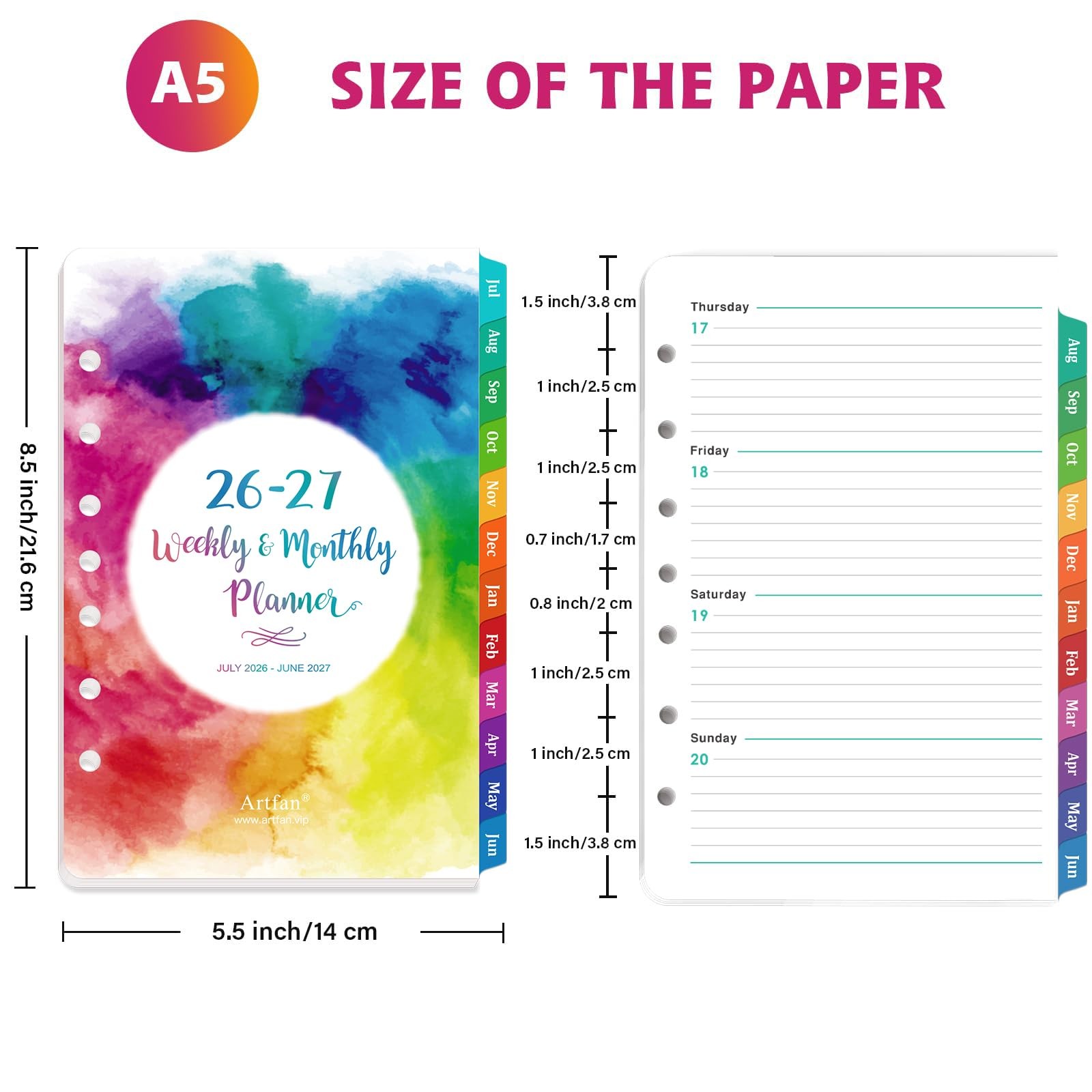2026-2027 Planner Refills – 7-Hole Punched 5.5 x 8.5 inches, Multicolor