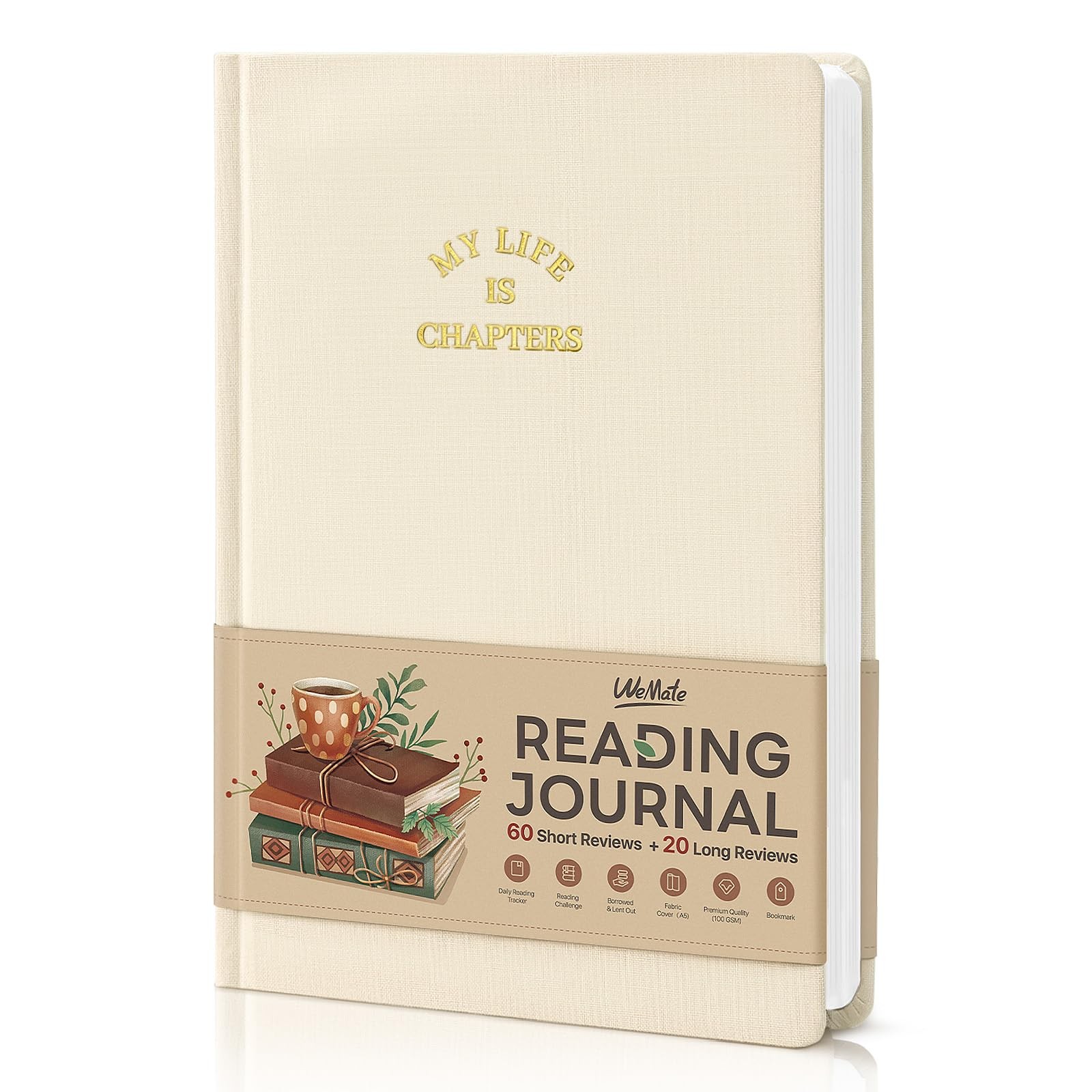 Reading Journal 80 Reviews 5 Bookmarks Log Tracker 220 Pages A5 Khaki Book
