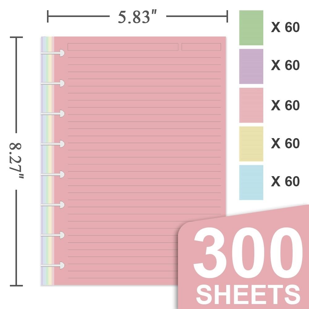 3-Pack Junior Discbound Lined Refill Paper, 300 Sheets, 110gsm, 5 Colors, 8-Disc