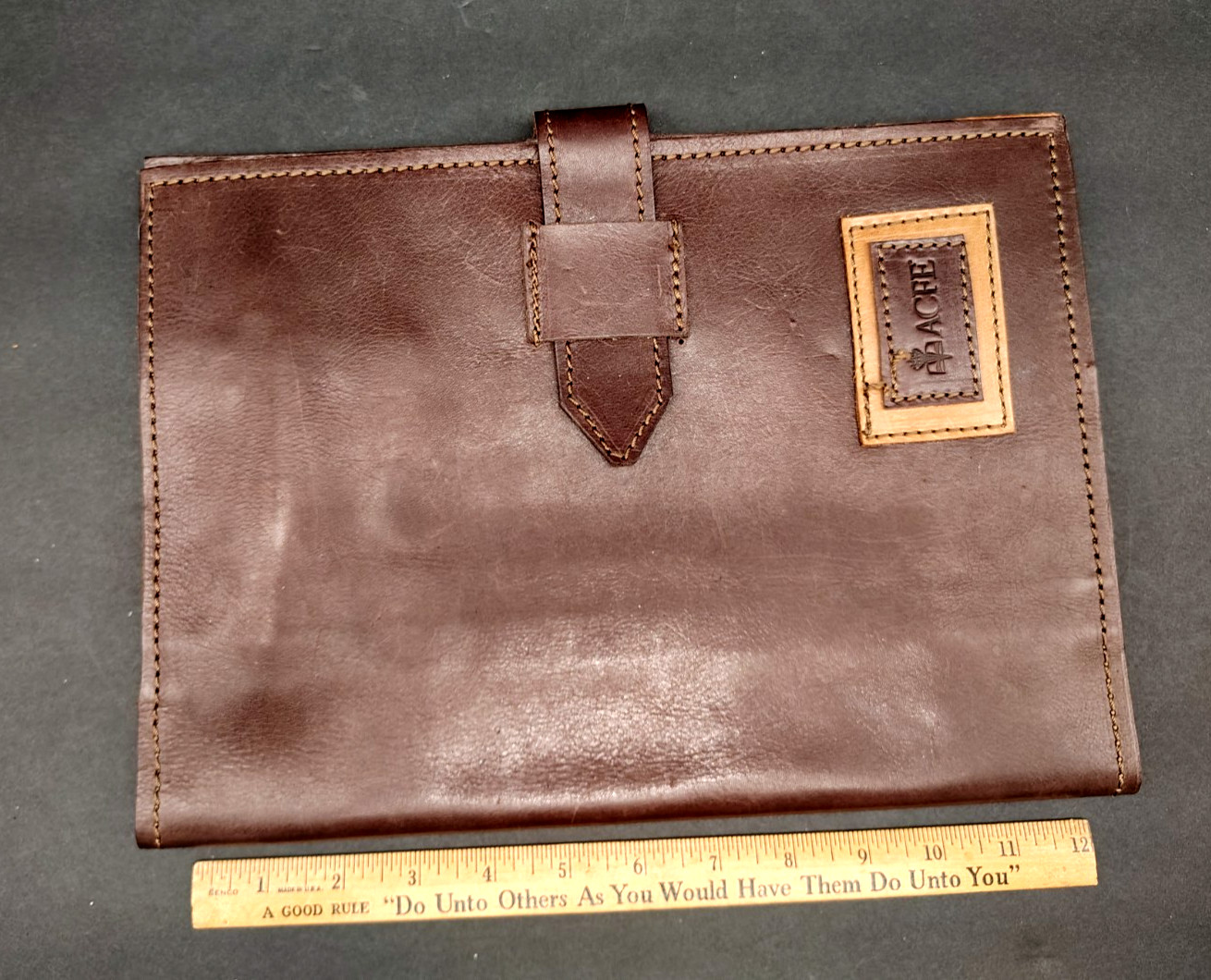 Vintage Soft Brown Leather Slide Tab Pocket Folio Case Notebook Cover 9 x 13″