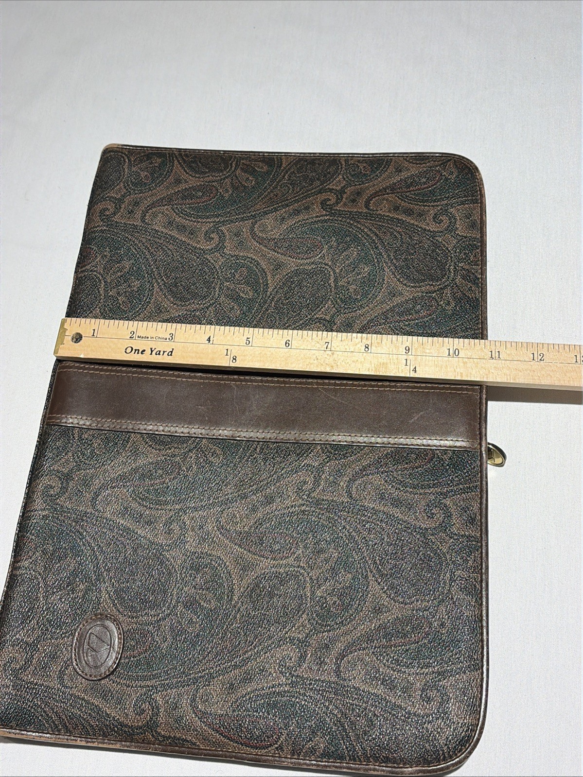 Vtg Liz Claiborne Portfolio Organizer Case Paisley Brown Leather Trim Zip -F430