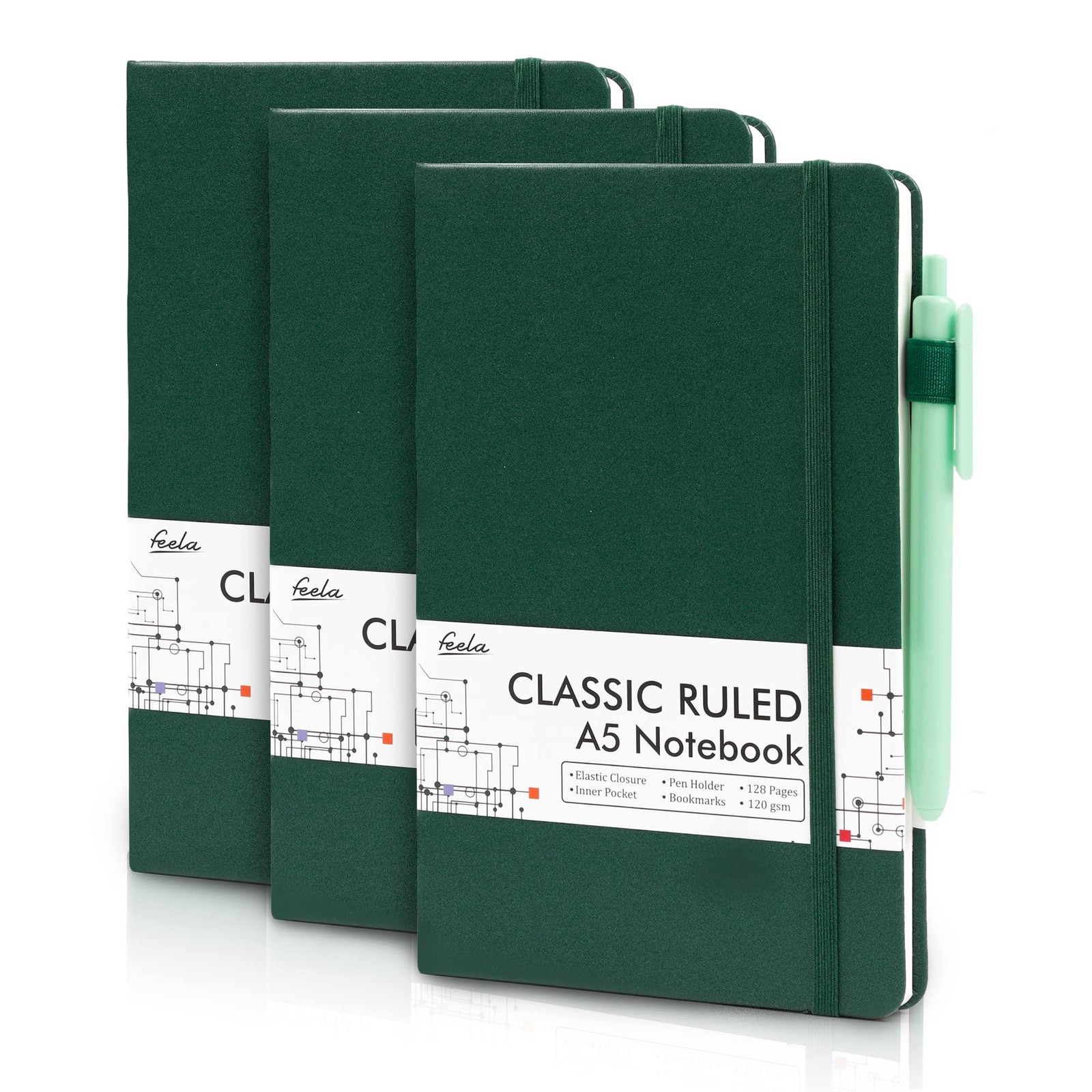 feela 3 Pack Notebooks Journals Bulk with 3 Black Pens, A5 Hardcover Notebook Cl