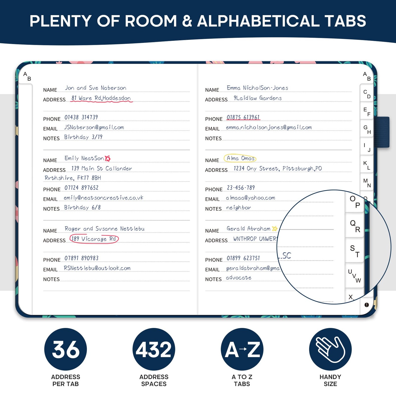 Taja Address Book with Alphabetical 158 pages, D. Spring Flower