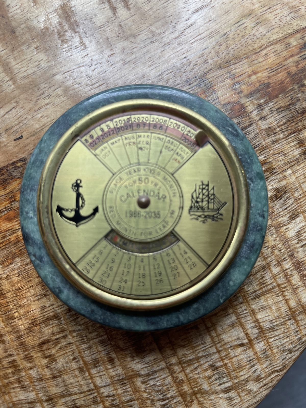 VTG 50 Year Desktop Nautical Calendar 1986-2035 Paperweight Brass And Marble