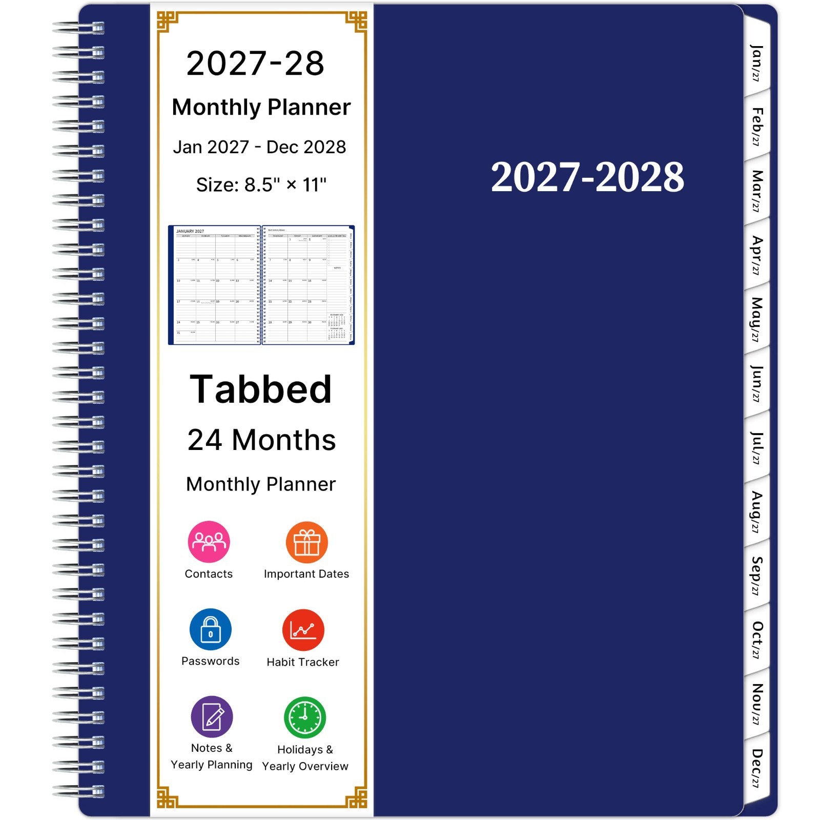 2027-2028 Large Monthly Planner – 2 Year Calendar, Spiral Agenda, 24 Months, Tab