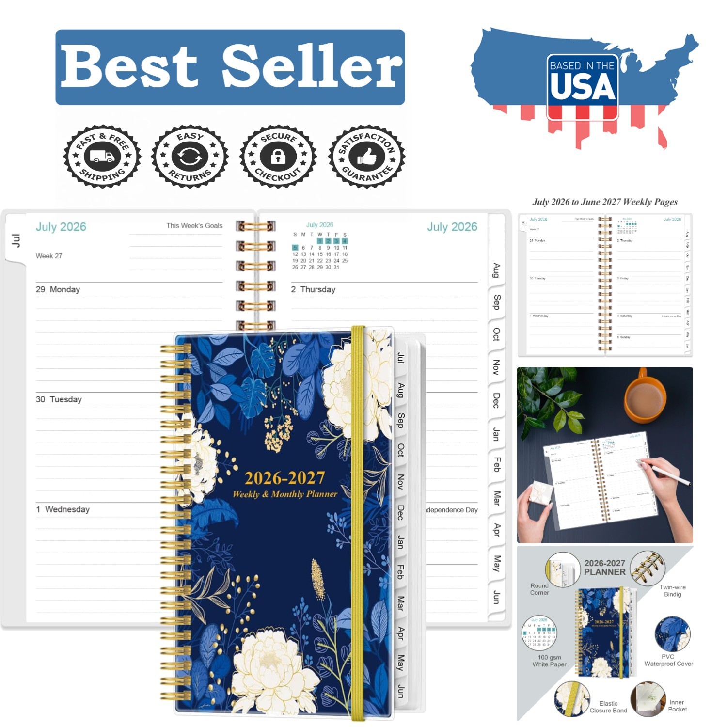 Compact Blue Leaf Pocket Calendar 2026-2027: Stylish Organizer with Inner Pocket