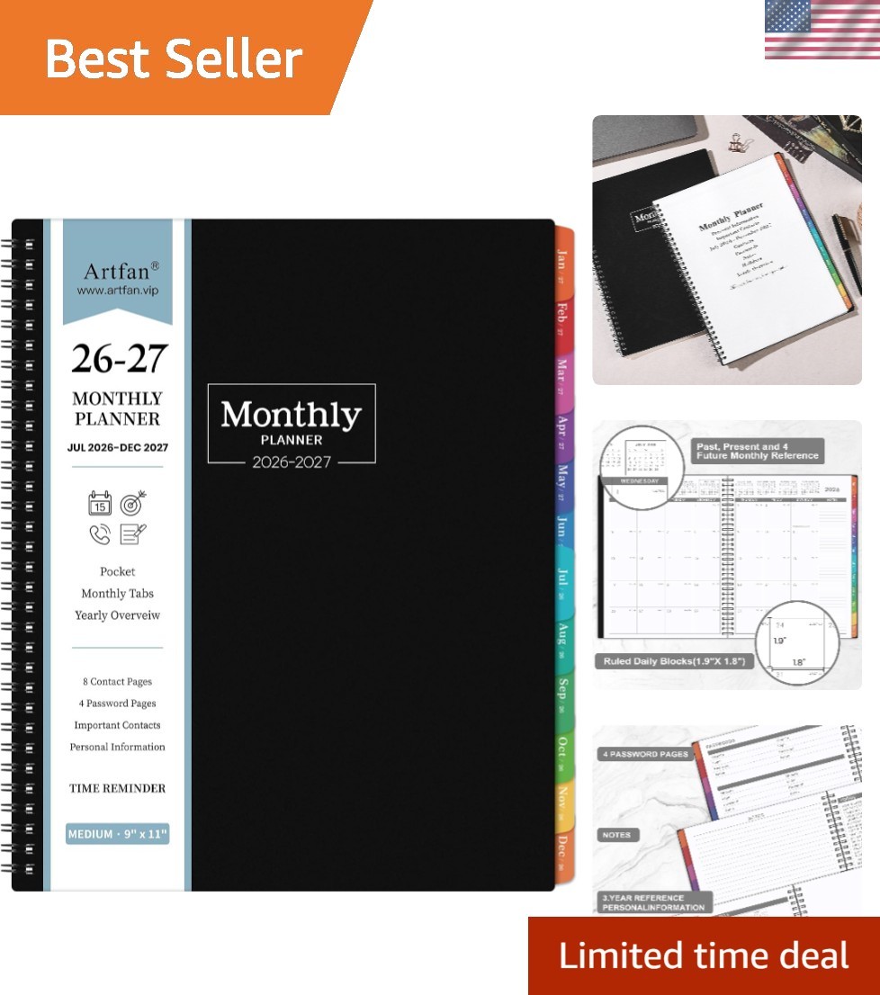 Elegant Monthly Planner 2026-2027 – Colorful Tabs & Thick Paper, 8.5″x11″