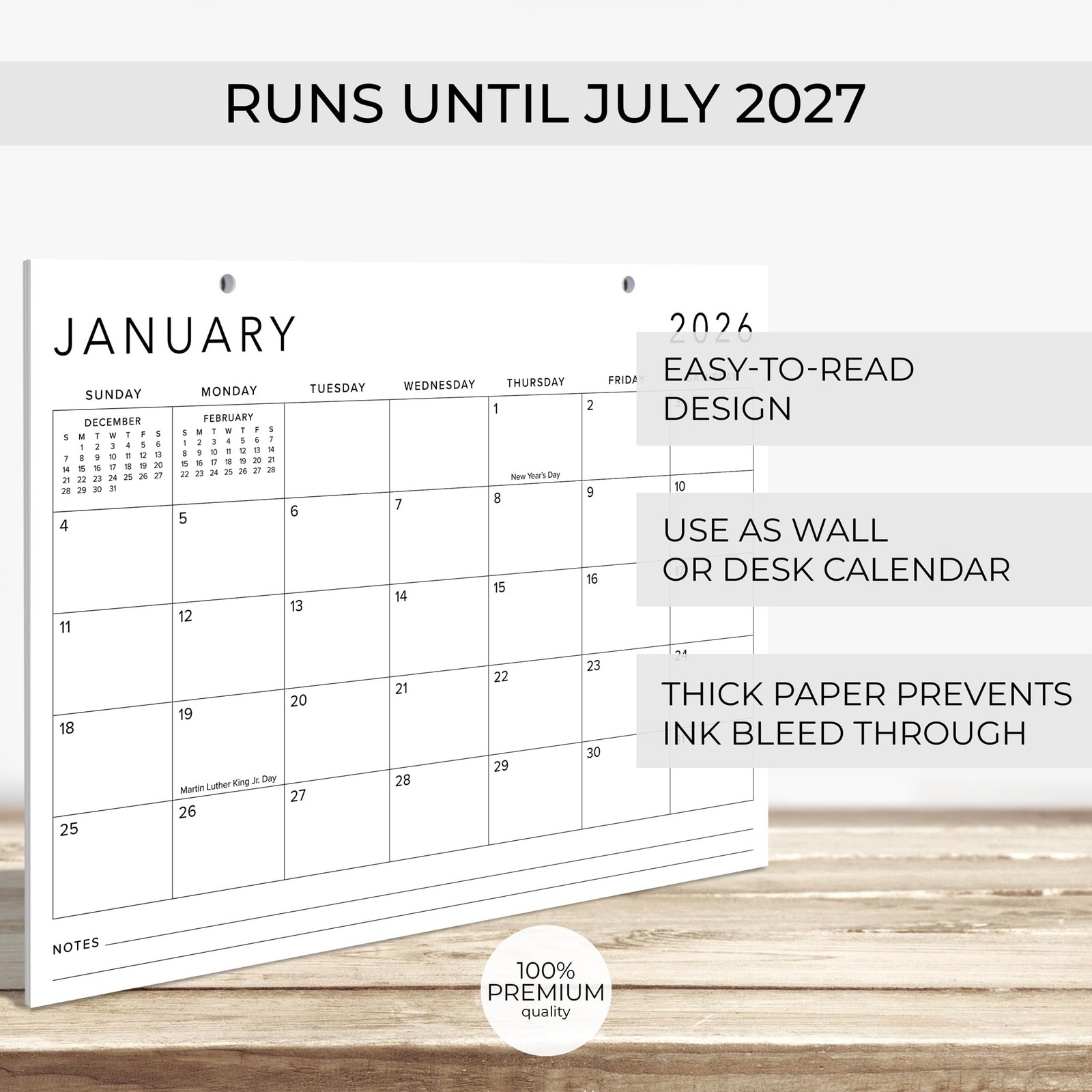 2026-2027 Desk Calendar 16×12 Minimalist Desk/Wall Monthly Pad Jan 2026-Jul 2027