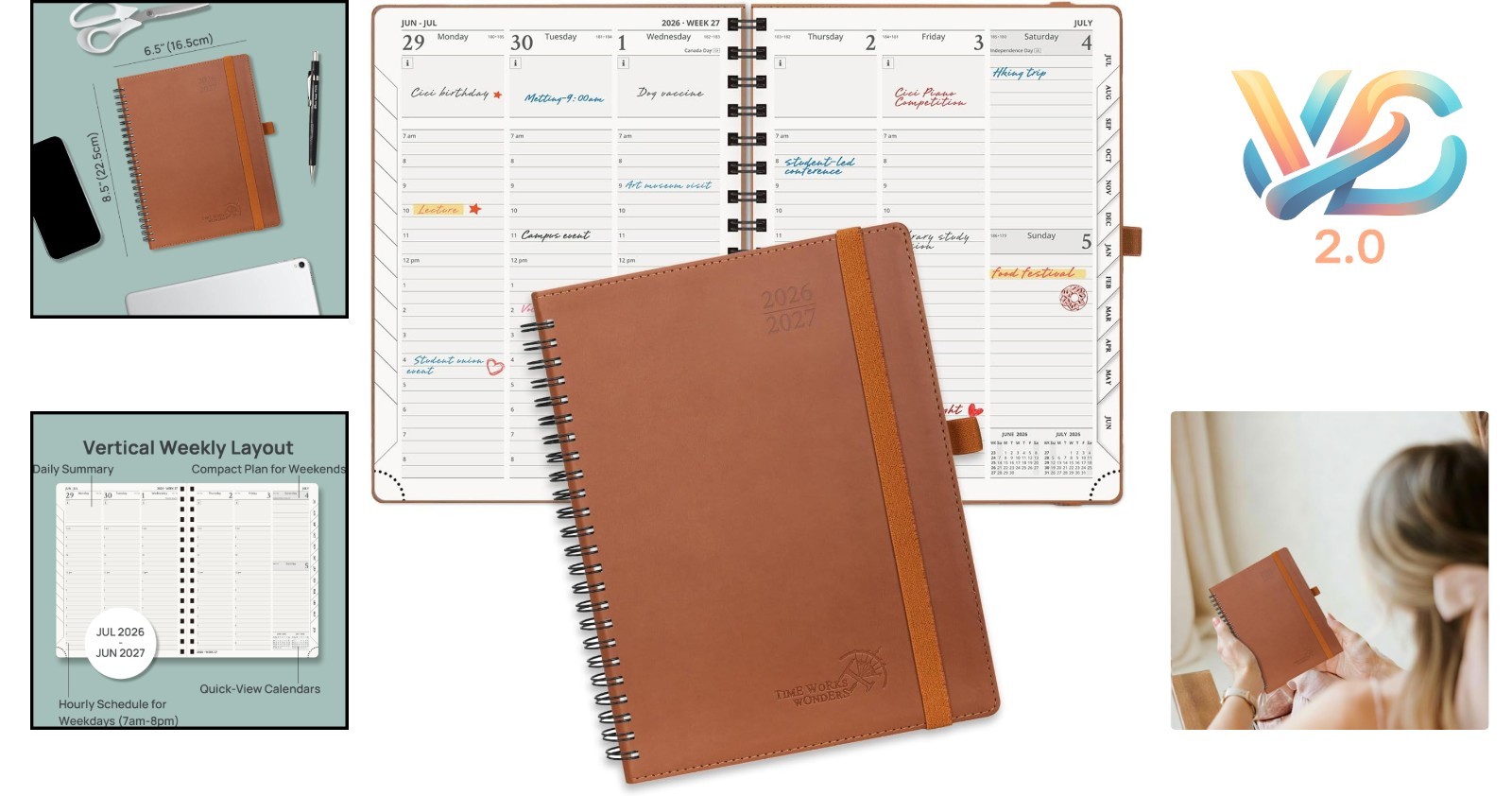 2026-2027 Academic Planner Medium 6.5×8.5 Spiral Leather Cover Brown