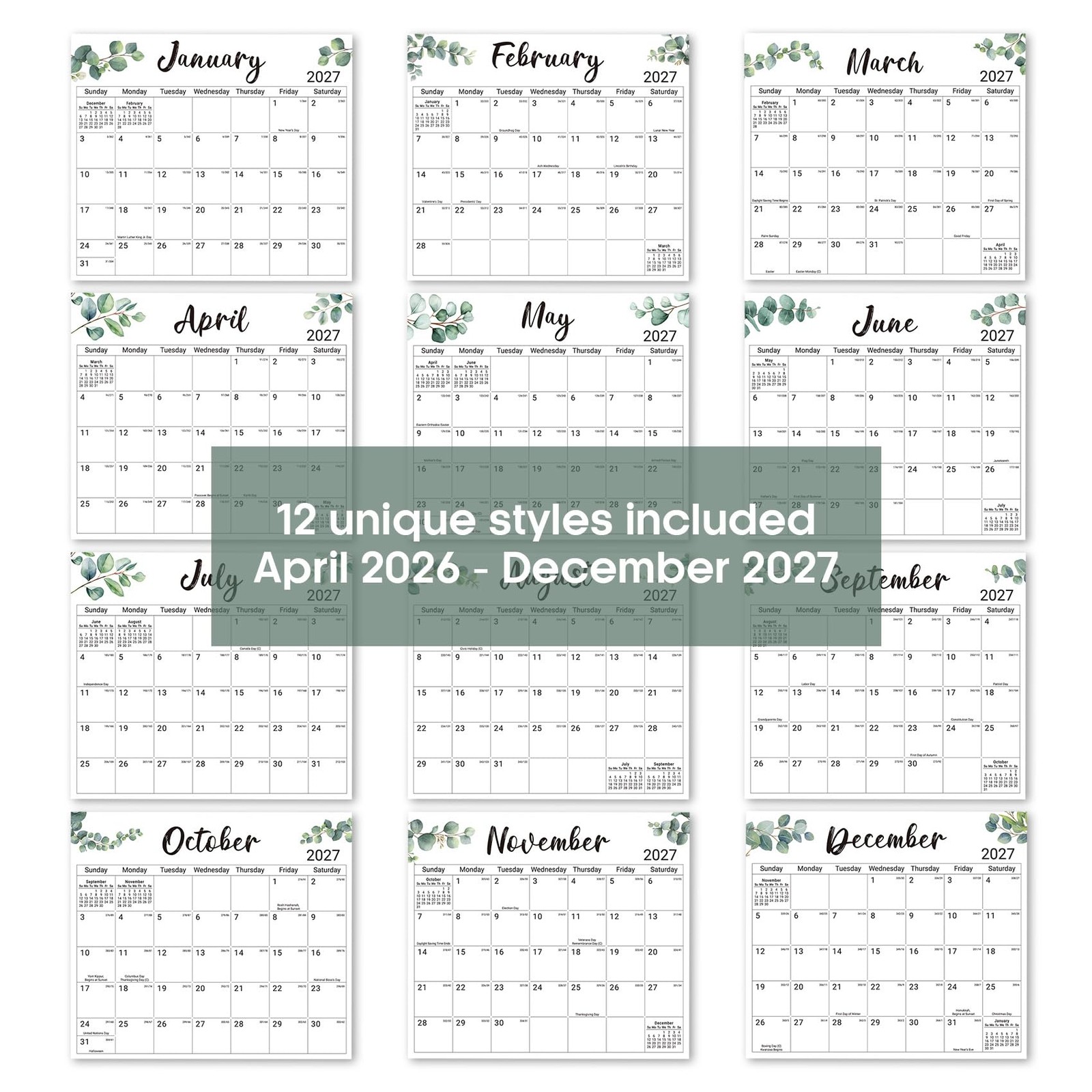 Aesthetic 2026-2027 Magnetic Calendar for Apr 2026 – Dec 2027, a-Nature