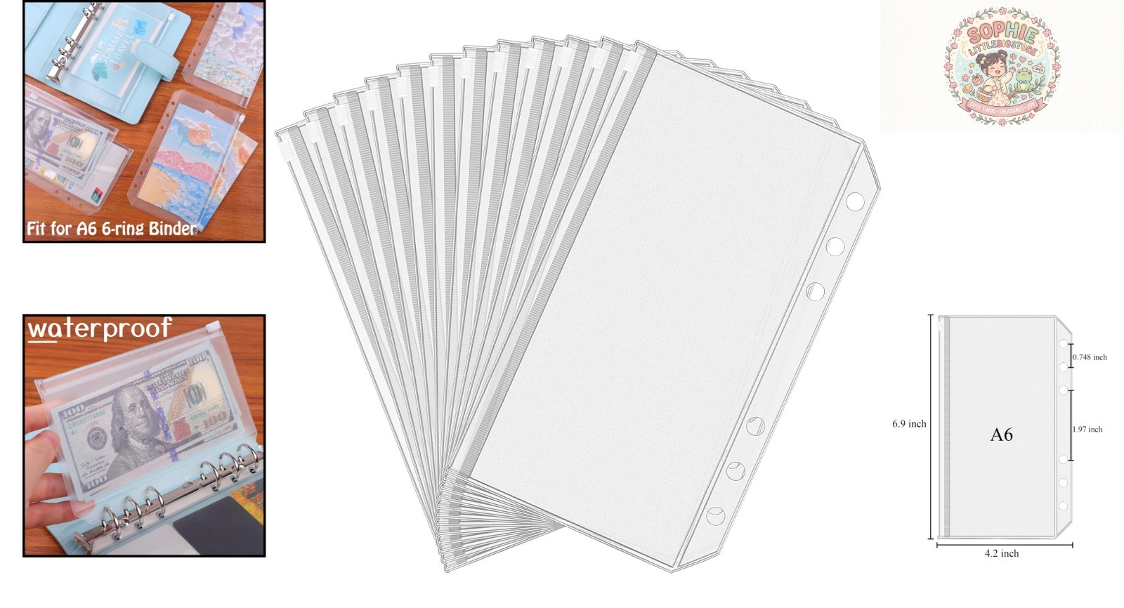 12-Pack A6 Waterproof PVC Binder Pockets with Zipper for Organizing Budgets