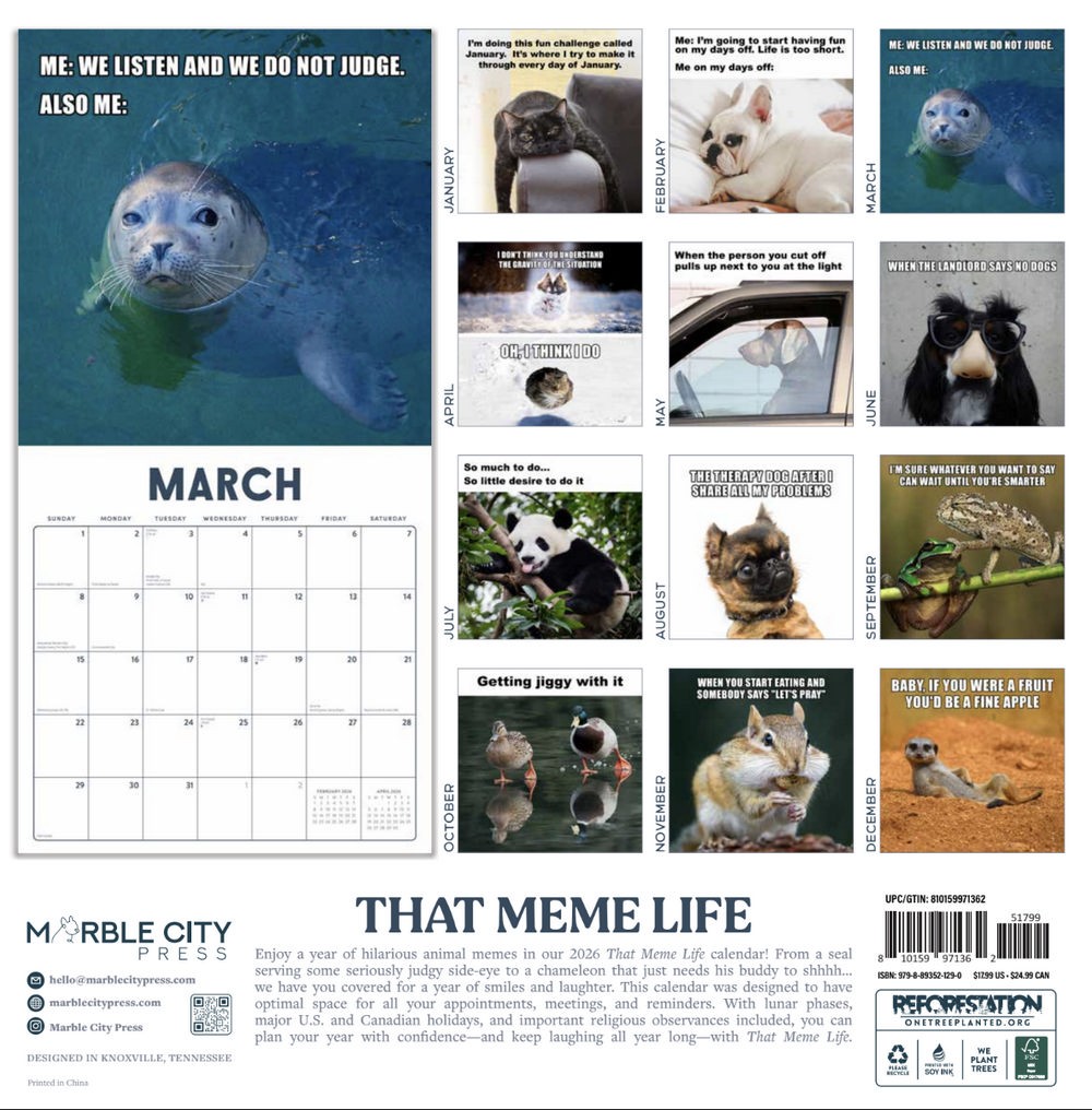 That Meme Life Calendar 2026 | 12″ x 24″ 12 Month Calendar | Marble City Press