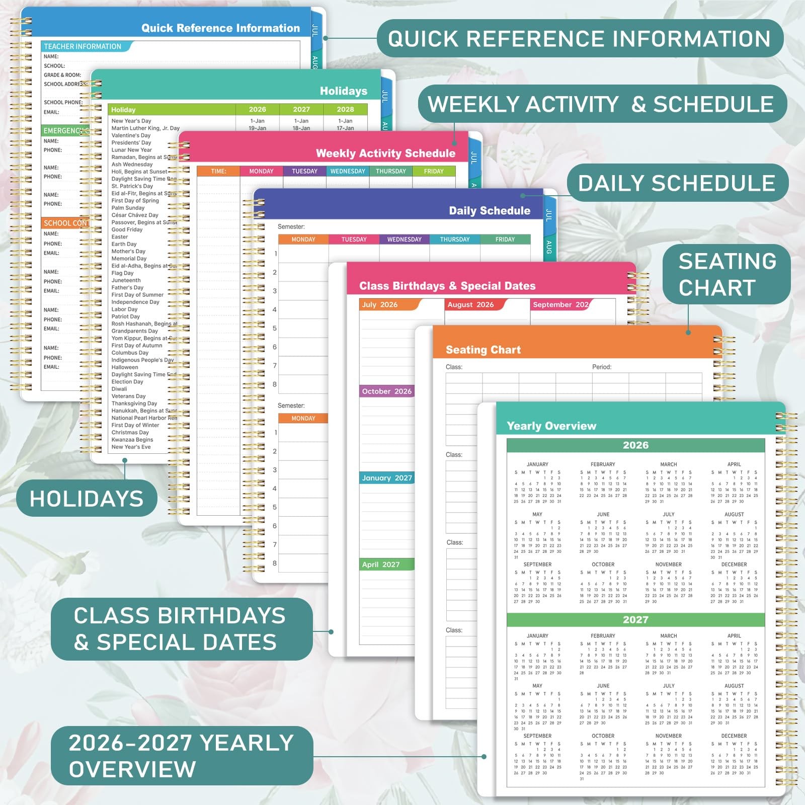 Teacher Planner 2026-2027 – Lesson 8.3″ x 11″, pink, purple, green