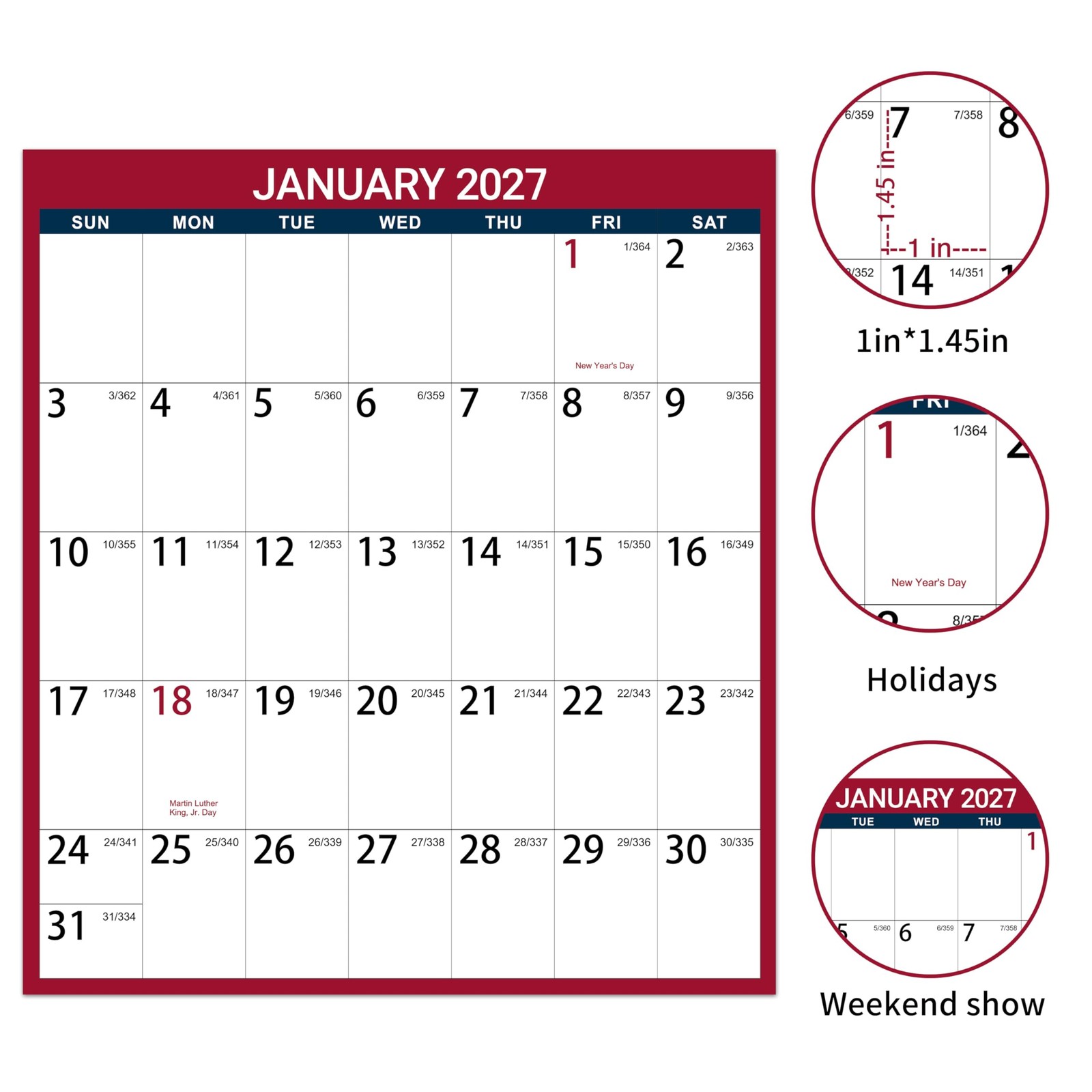 2027 Dry Erase Calendar for Wall – 2027, Jan. Red