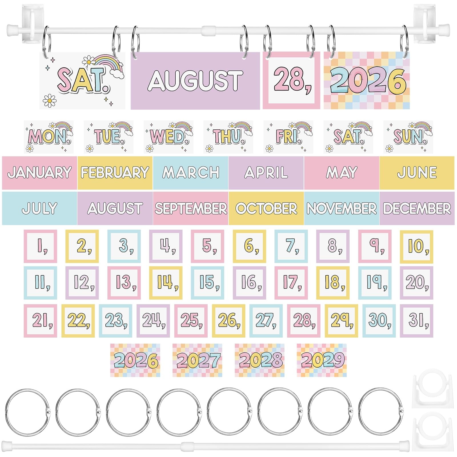 54 PCS Pastel Rainbow Flip Calendar Bulletin Board Date Card 20262028 Teacher