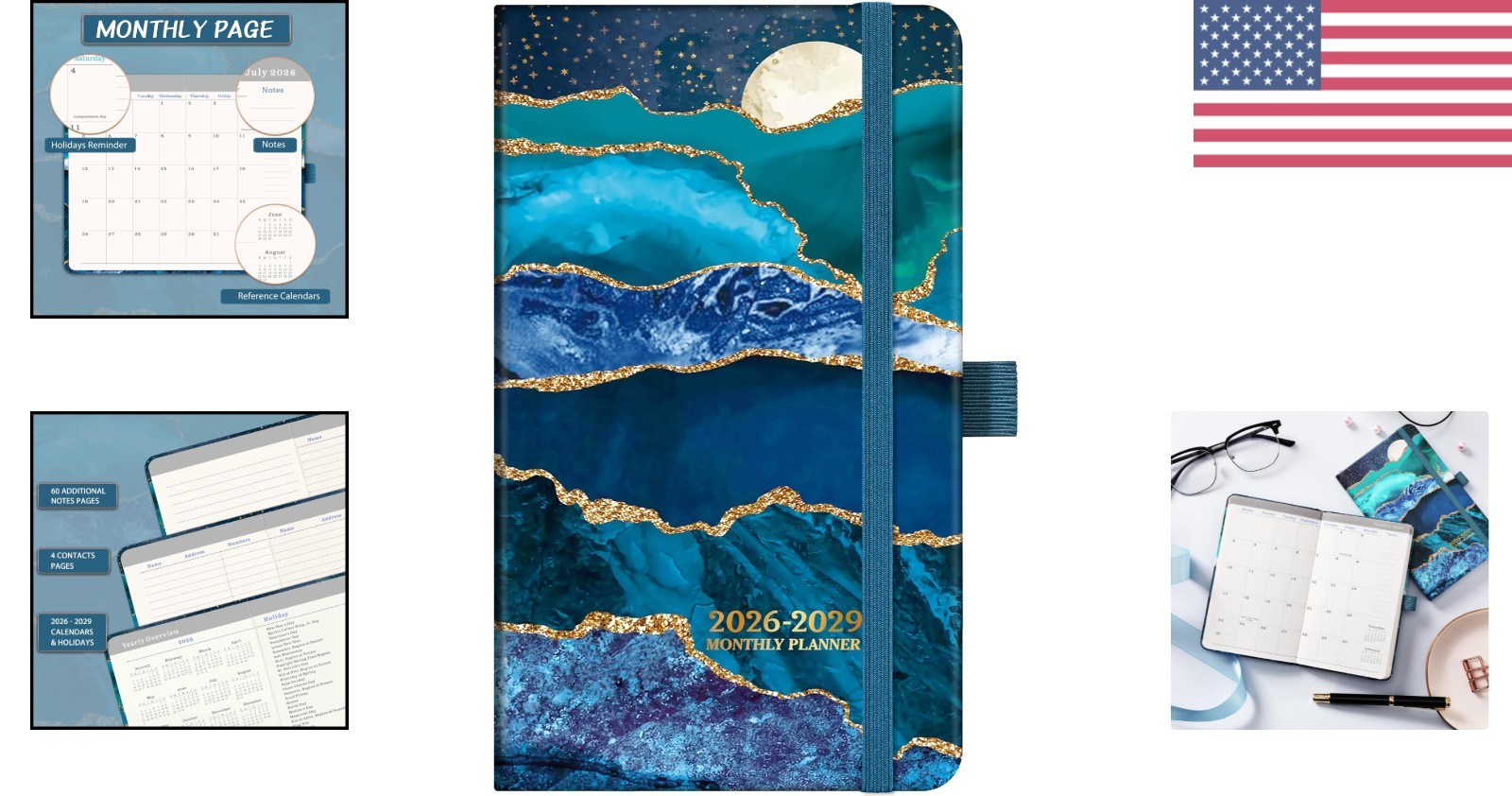 Monthly Planner 2026-2029 Blue Pocket Calendar with Pen Loop and Bookmarks