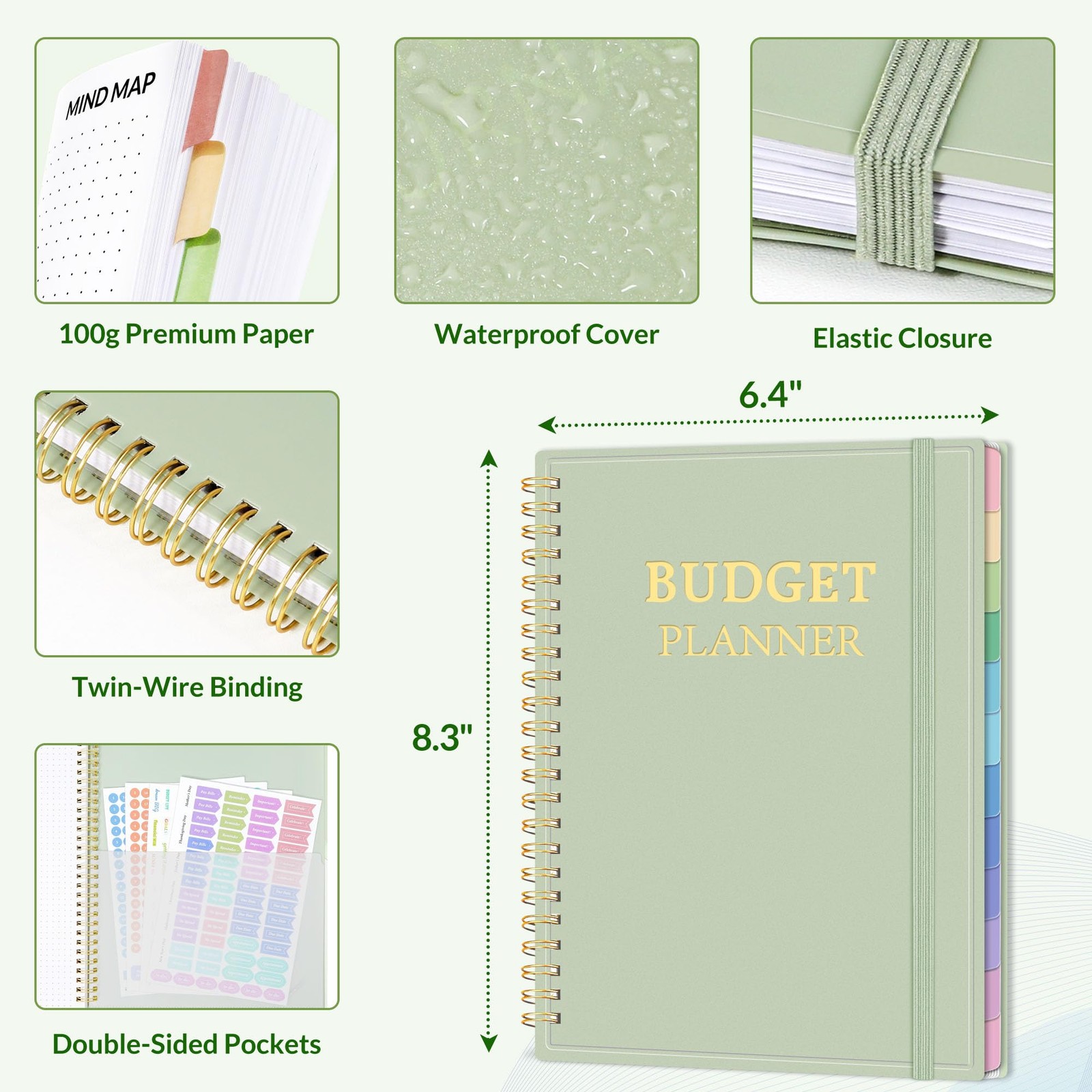 SUNEE Budget Planner – Monthly Book with 6.4″ x 8.3″, Sage Green