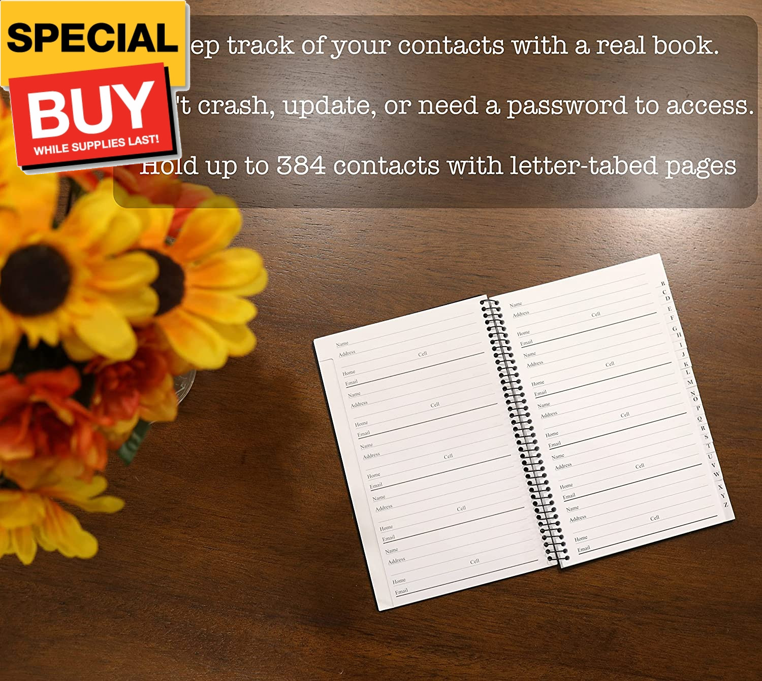 Address and Telephone Book, Black, 8 x 5 inches for Organizing Names, Addresses,