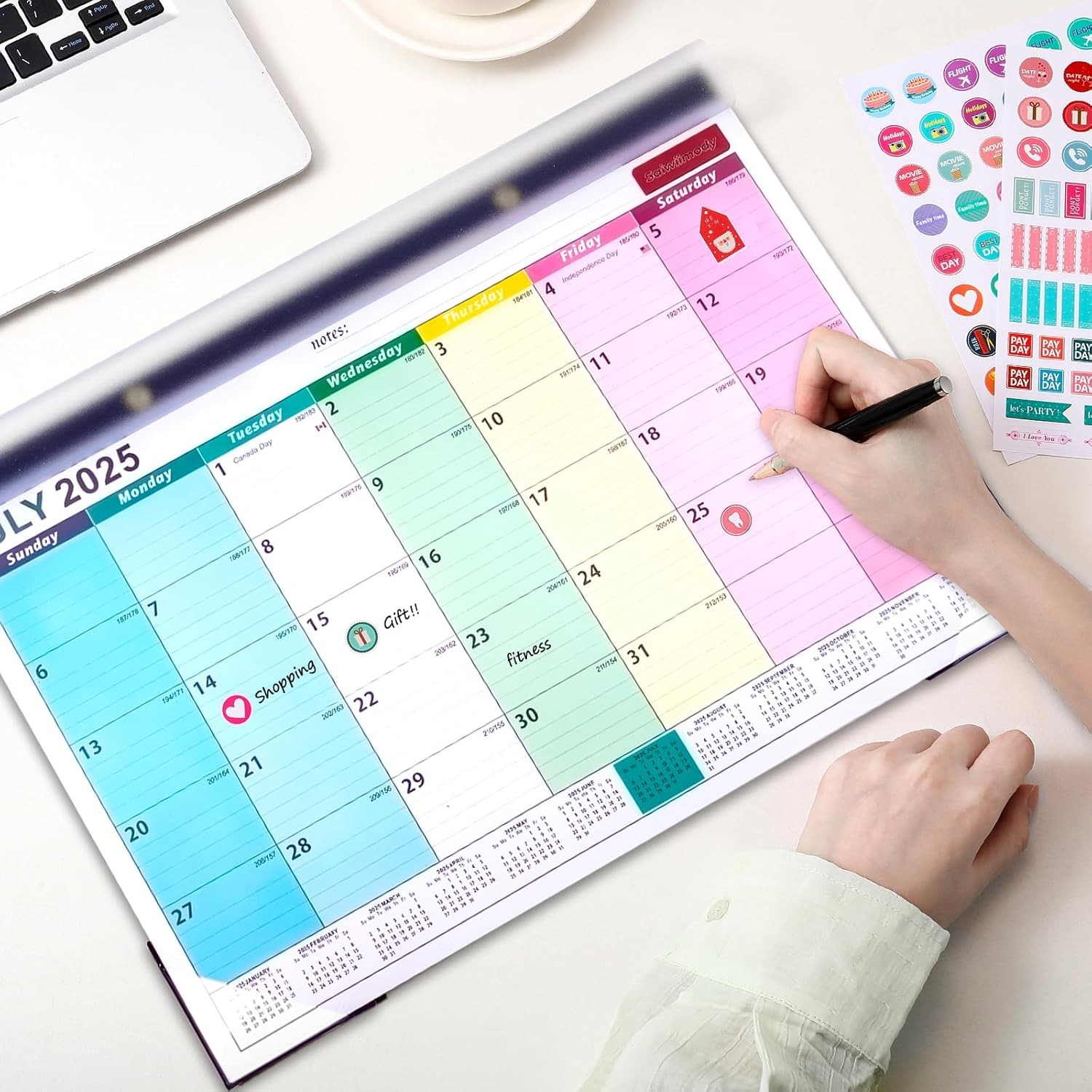 Desk Calendar 2025-2026 with Stickers 17 x 12 inch JUL. Medium, Colorful