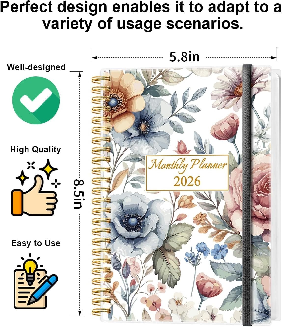 Elegant 2026 Planner: Monthly Organizer with Inner Pocket & Elastic Closure