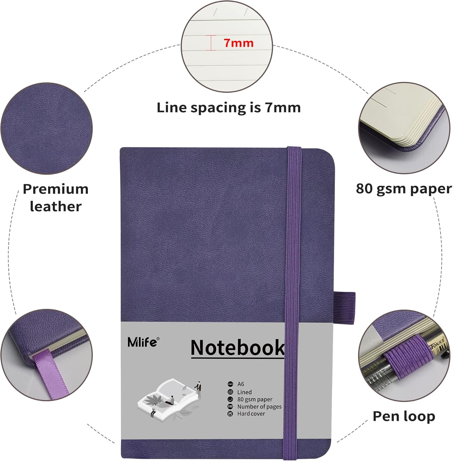 A6 Hardcover Lined Pocket Notebook with Pen Holder, 192 Pages, Purple