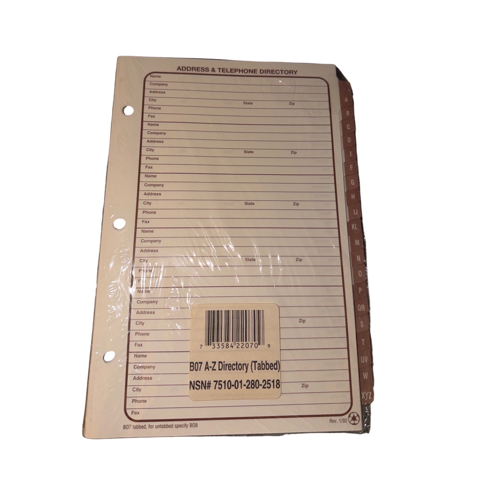 Vtg Address Telephone Directory Refill A-Z Tabbed 3-Hole B07 7510-01-280-2518