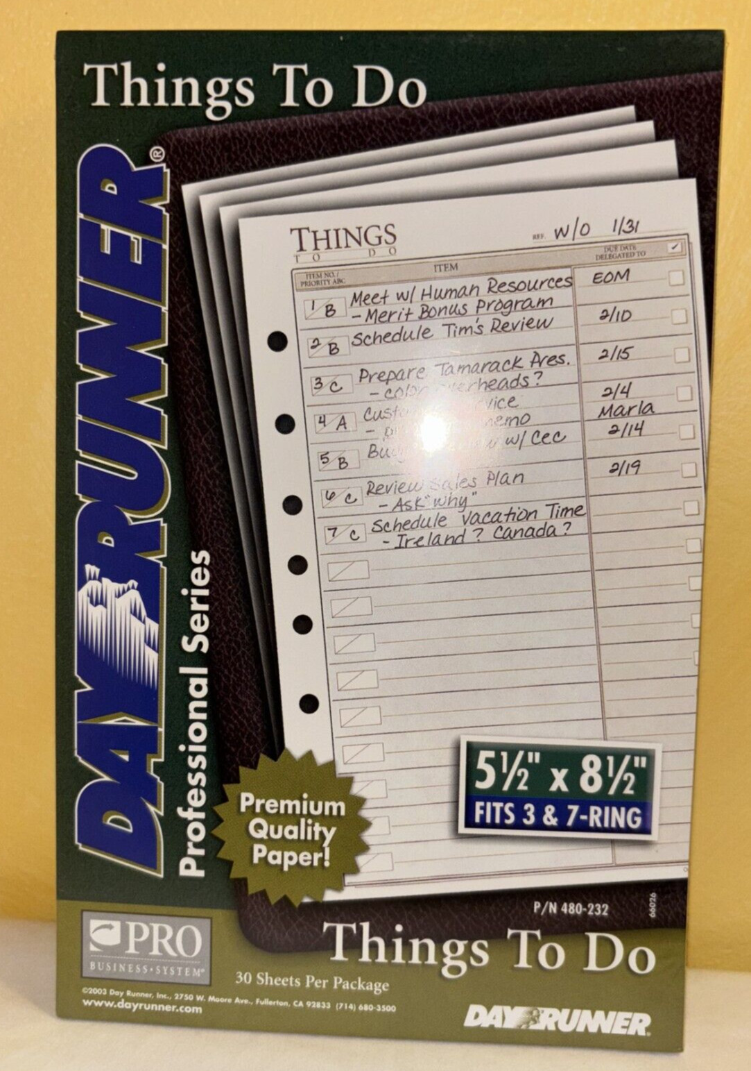 DayRunner Professional Series Things To Do Refill–30 Sheets–5.5in X8.5in—New