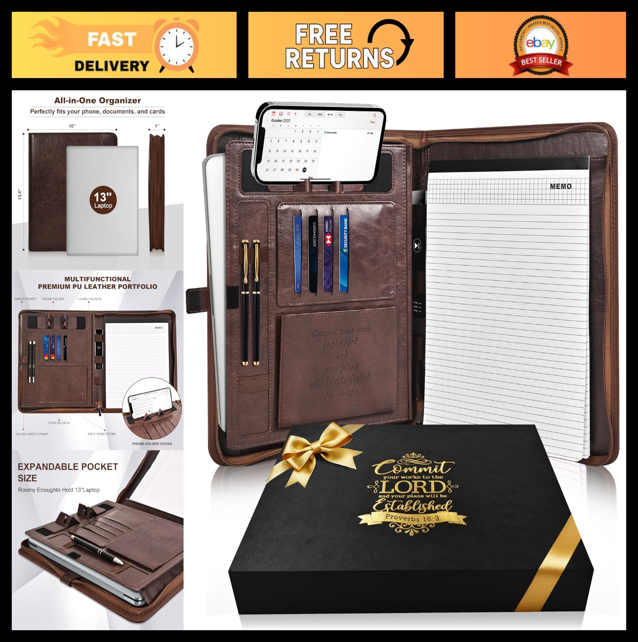 Men’s Leather Portfolio with Laptop Pocket, Zippered Padfolio Binder, Business O
