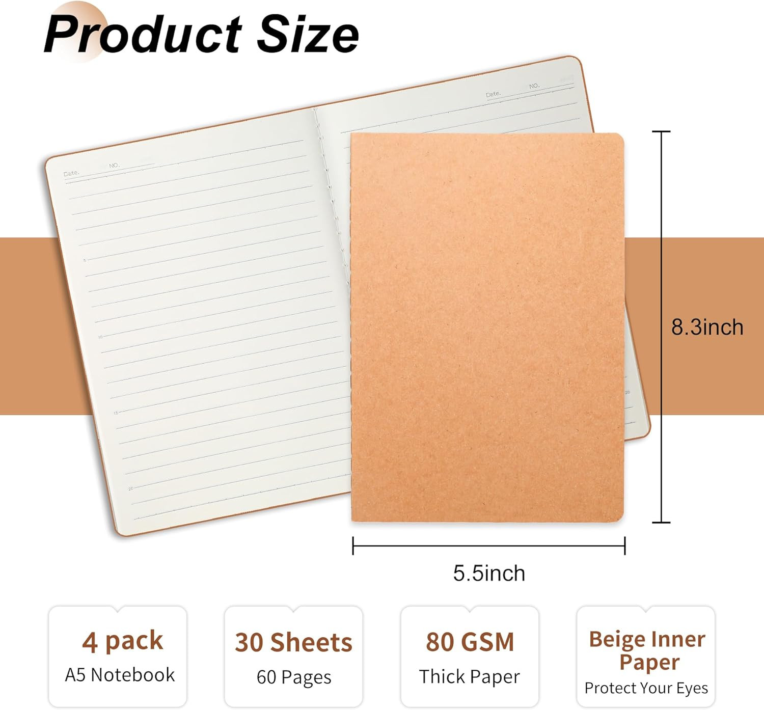 4 Pack A5 Kraft Paper Notebook Lined Journal Bulk, 8.3 X 5.5 Inch, 60 Pages/30 S