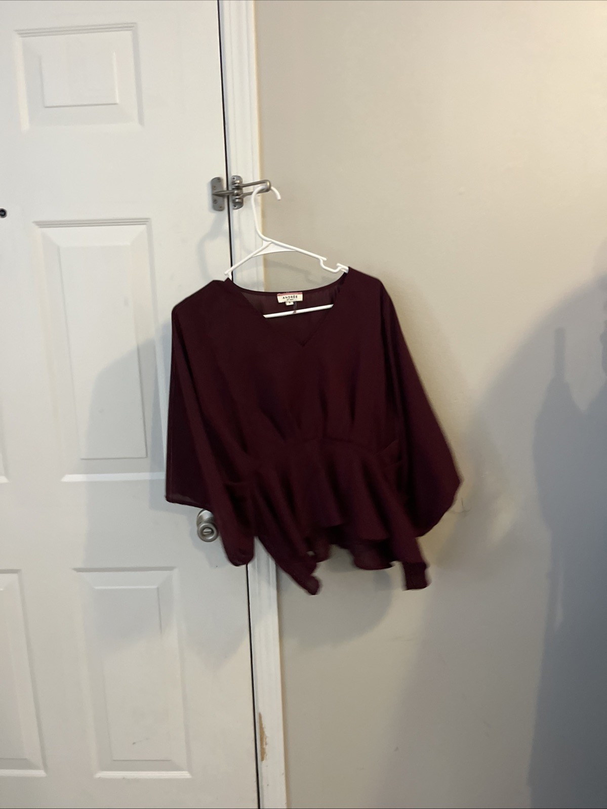 Andree by Unit Burgundy Wine Peplum Top 3/4 Sleeve Small Ruffle Detail Boho