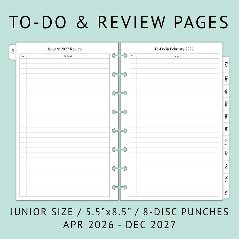 2026-2027 Monthly Planner Refill for 8-Discbound Notebook, Two Pages Per , Ju…