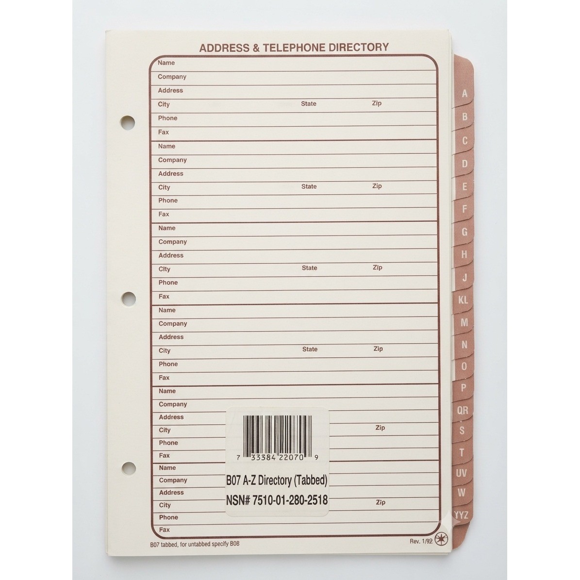 Vtg Address Telephone Directory Refill A-Z Tabbed 3-Hole B07 7510-01-280-2518