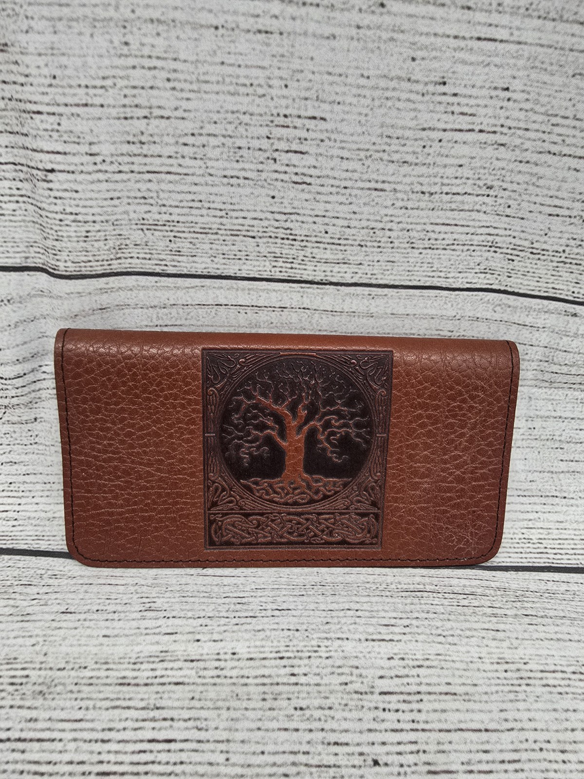 Oberon Design Pebbled Leather Check Book Cover – Brown With Tree