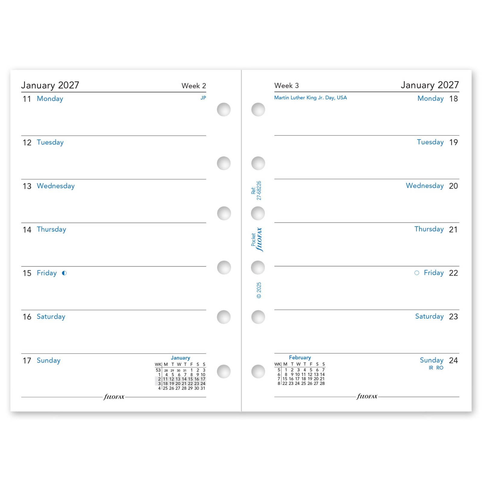 2026 Filofax Pocket Size Refill 26-68226, Week on One Page, 81mm x 120mm