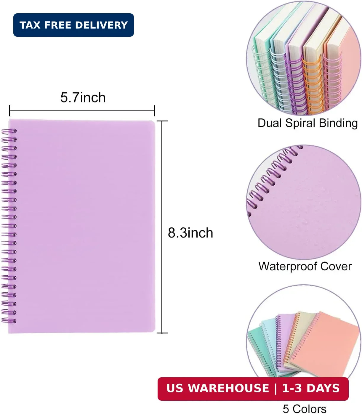 5 Pack Lined Spiral Journal Notebook for Women & Men, 8.3″ x 5.7″,80 Sheets/160