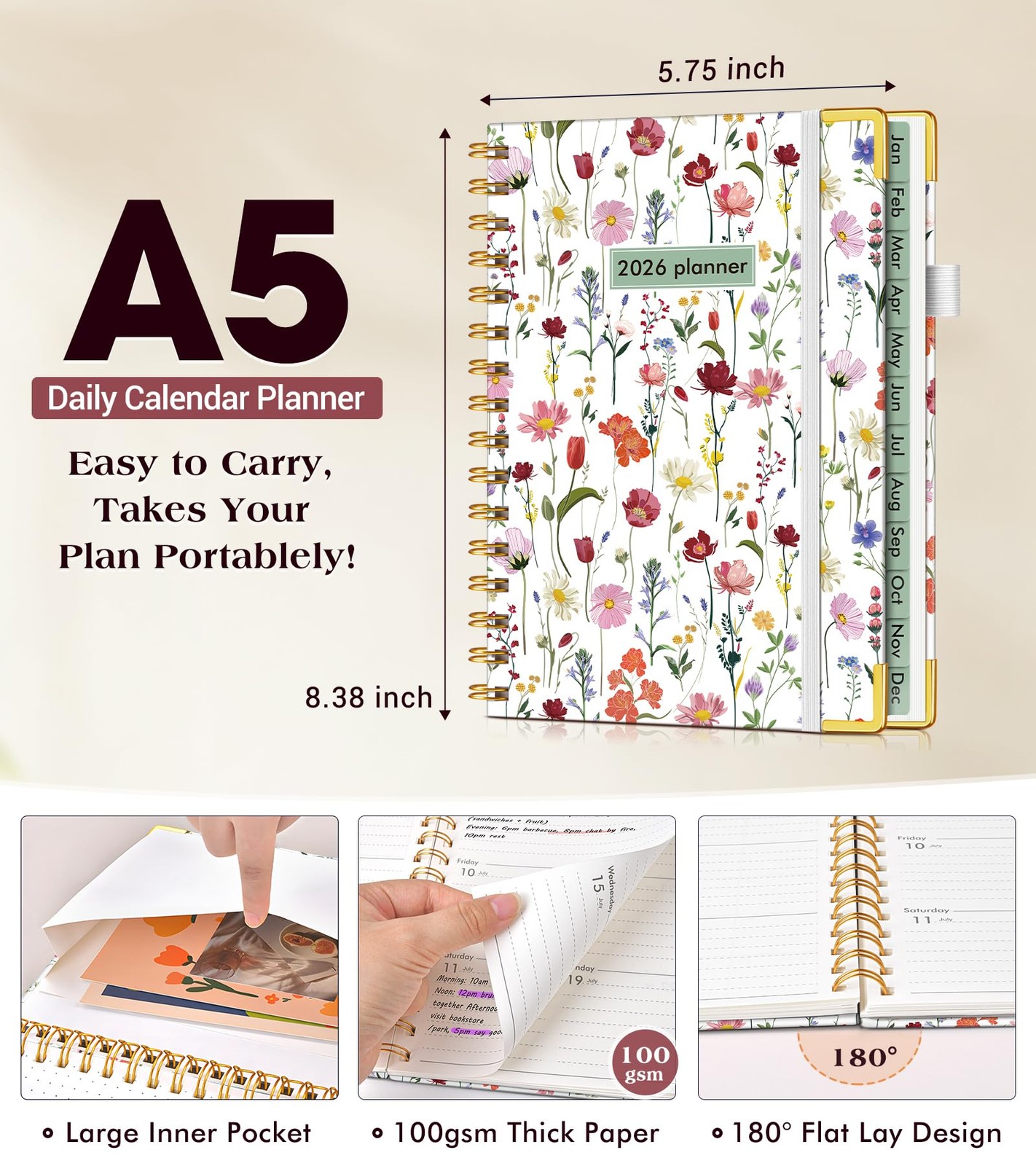 2026 Hardcover Weekly Monthly Planner A5 Spiral Agenda Wildflower Cover