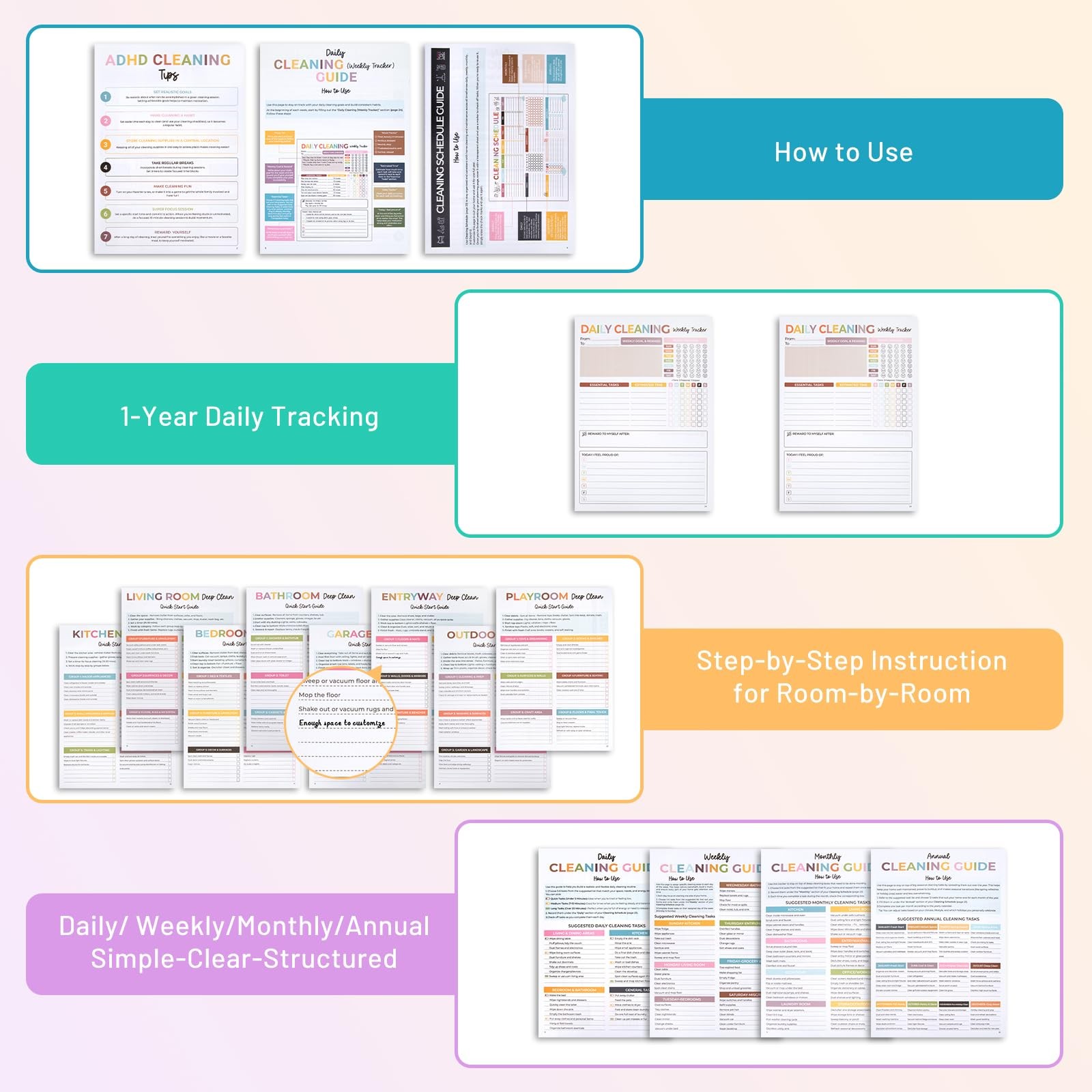 Adhd Cleaning Planner, Reusable Cleaning Planners With 32 Laminated Dry-erase