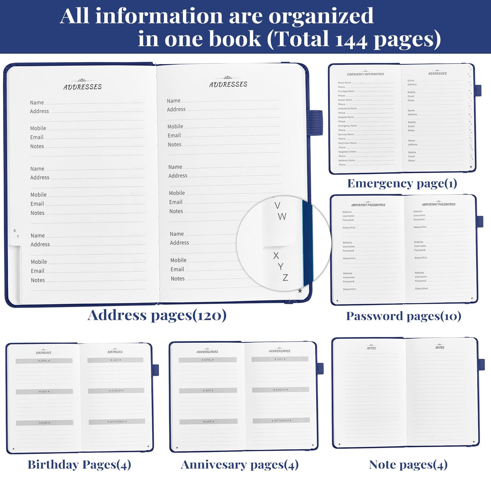 JUBTIC Address book with Alphabetical Tabs, Medium (5.2 x7.7 Inch), Navy Blue