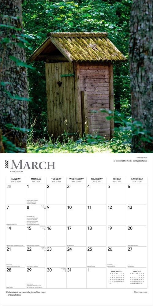 Outhouses | 2027 12×24″ (Hanging) Monthly Square Wall Calendar | Plastic-Free