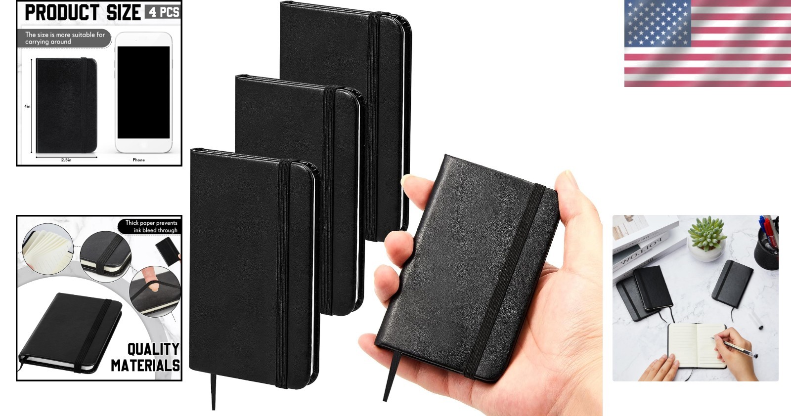 Compact 4-Pc Black Leather Notepad Set – 50 Pages Each for On-the-Go Notes