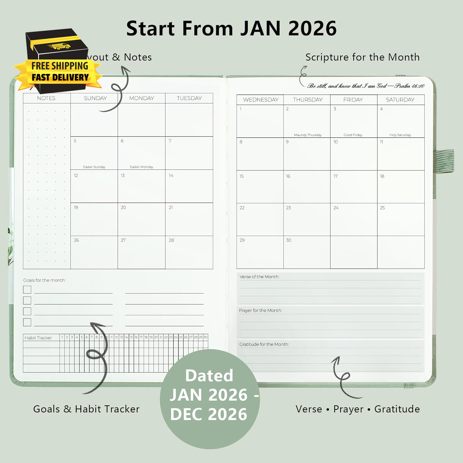2026 Christian Planner for Women & Man – 5.7″X8.3″ 12-Month Hardcover Bible Jour