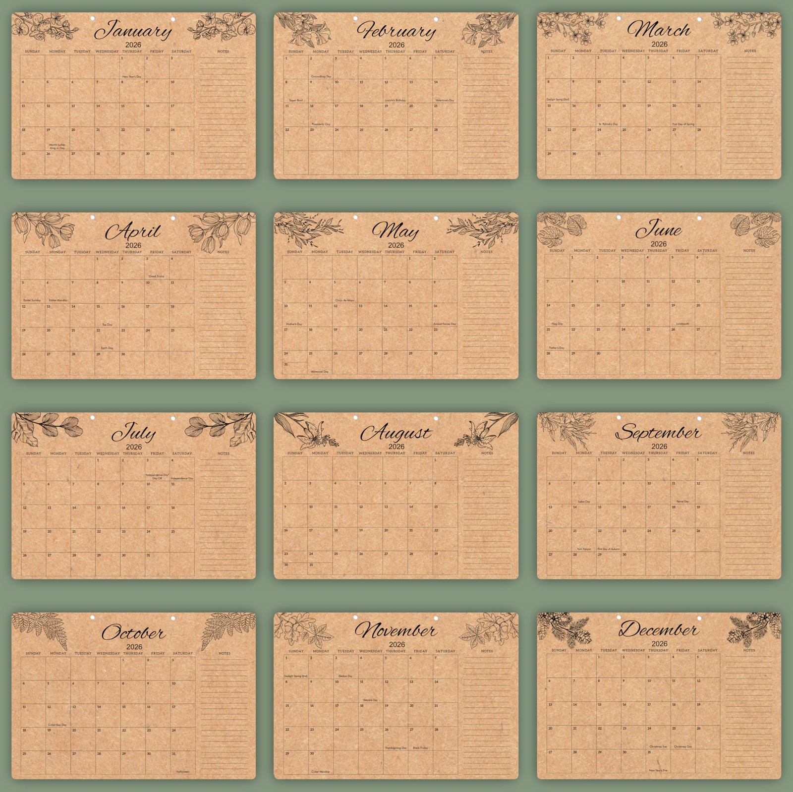 mudrit Desk Calendar 2026, 12 Months Large runs from Large, Brown