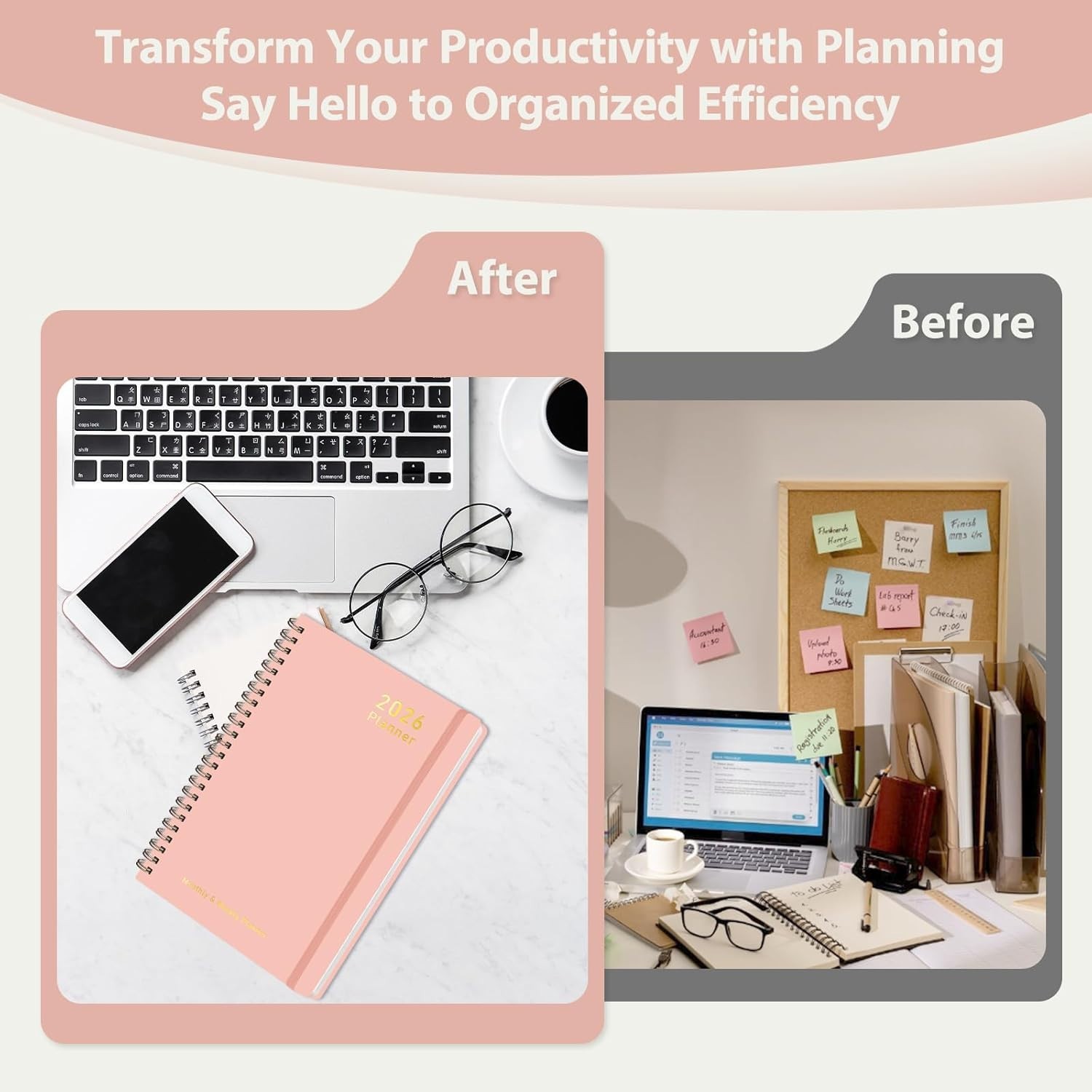 Weekly Monthly Calendar Planner 2026 A5 6.3 x 8.5 Pink with Elastic Closure