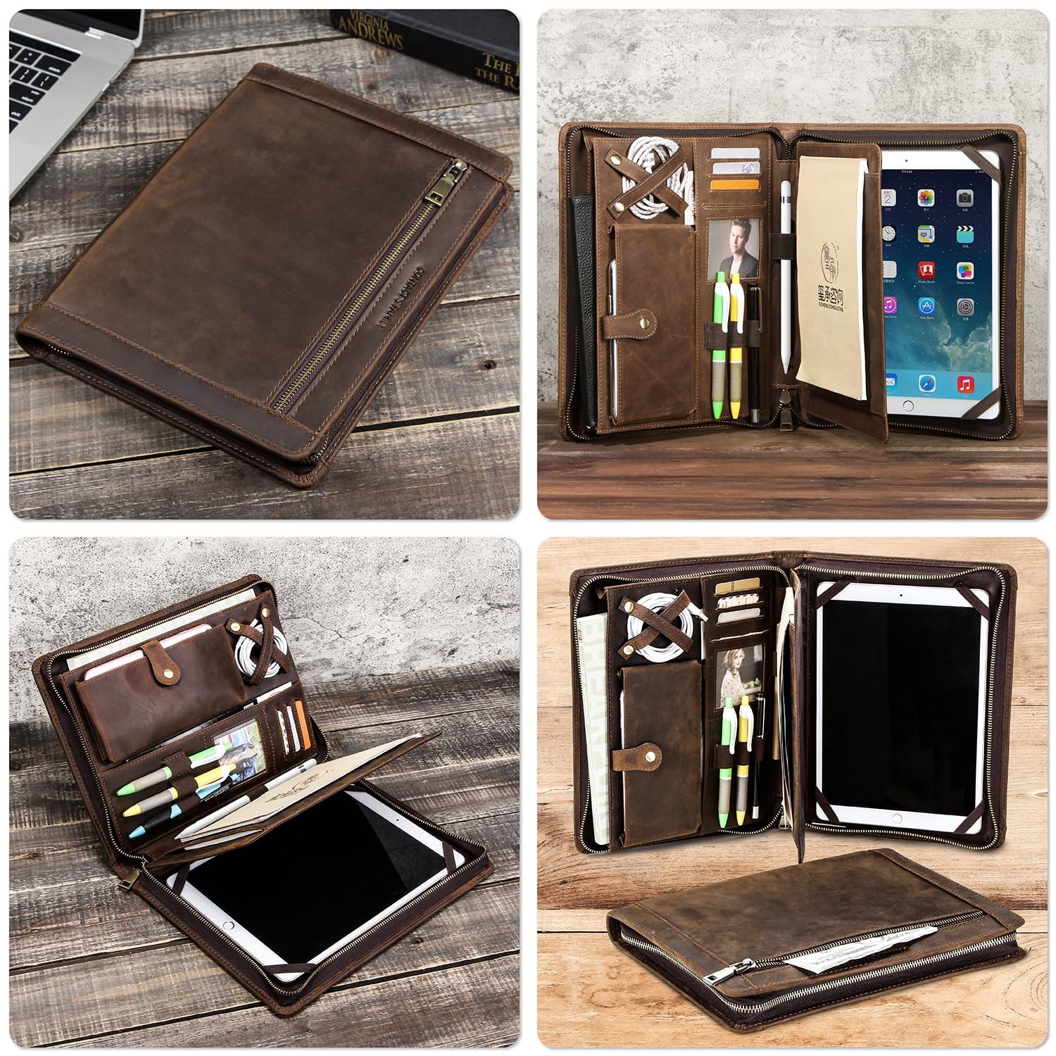 Top Grain Leather 11″ Portfolio for Men & Women, Solid Vintage Design, Handma…