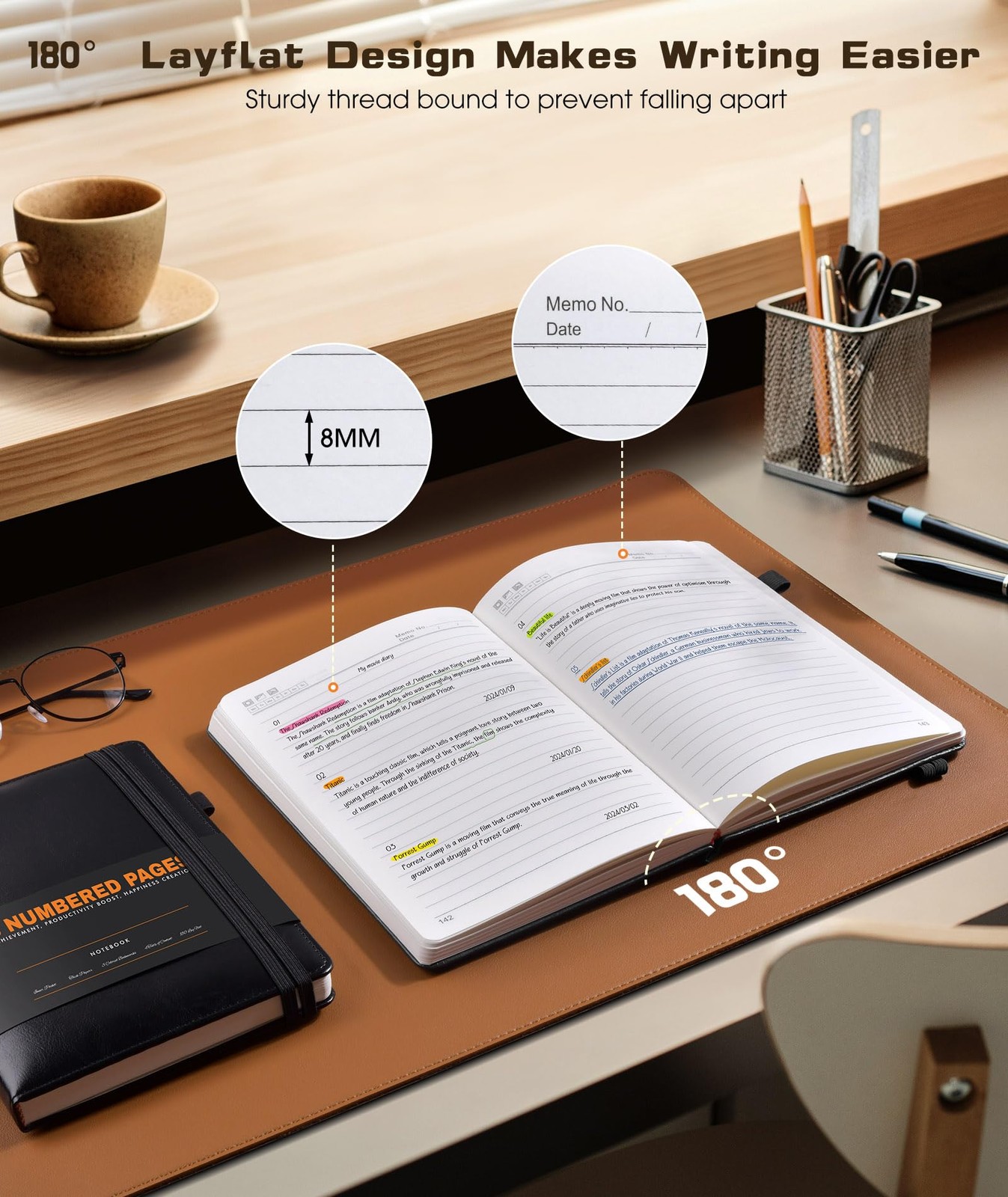 Lined Journal Notebook for Women Men, 256 Numbered Pages Hardcover Black